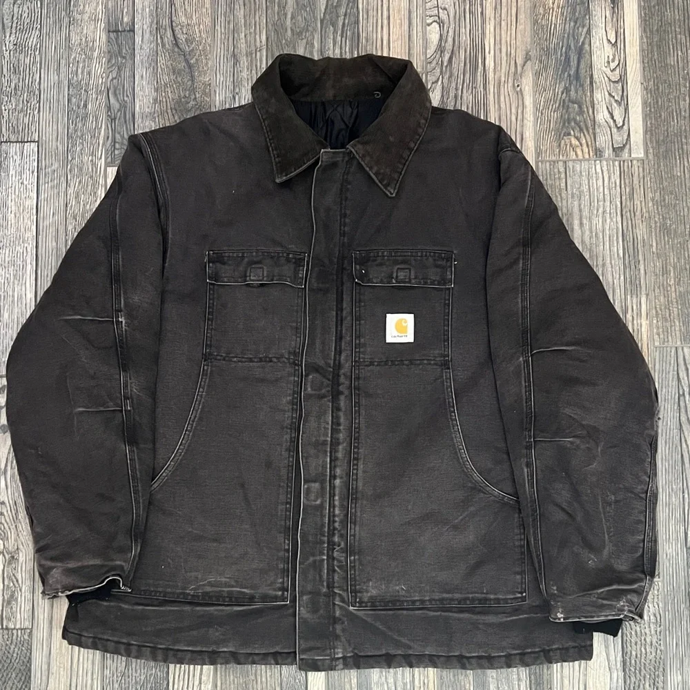 🔥🔥 Vintage CARHARTT Quilted Lined Black Canvas Work Arctic Chore Jacket 2XL‎